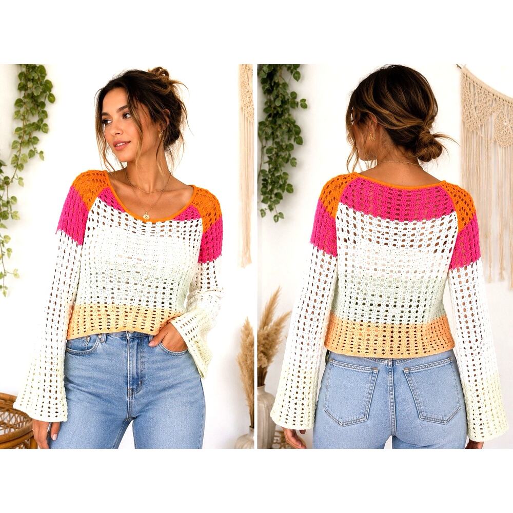 Wild Fable Upcycled Crochet Sweater Small Hand Bleached Boho Festival Cotton Top